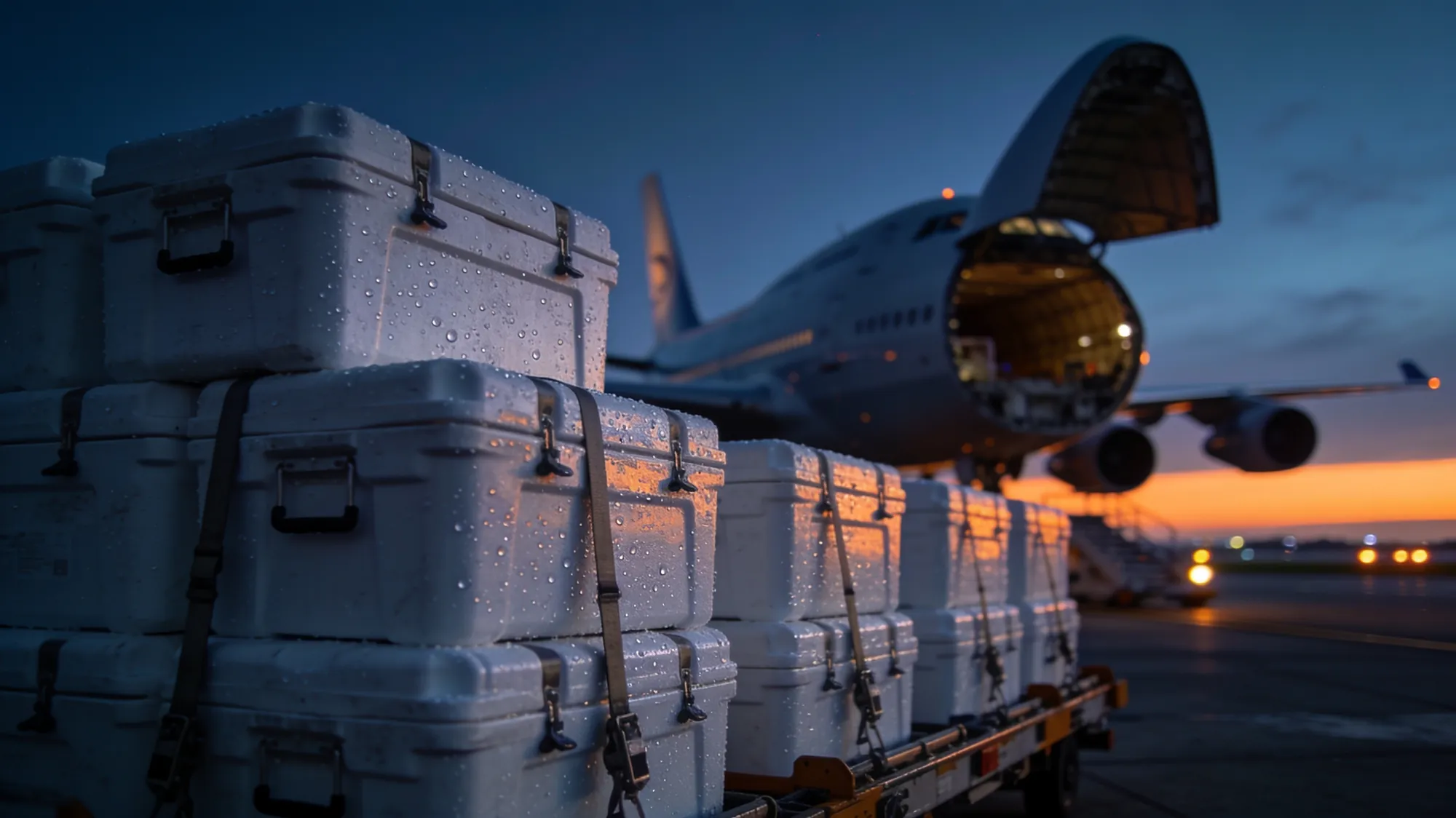 Insulated seafood boxes on an air cargo pallet at dawn