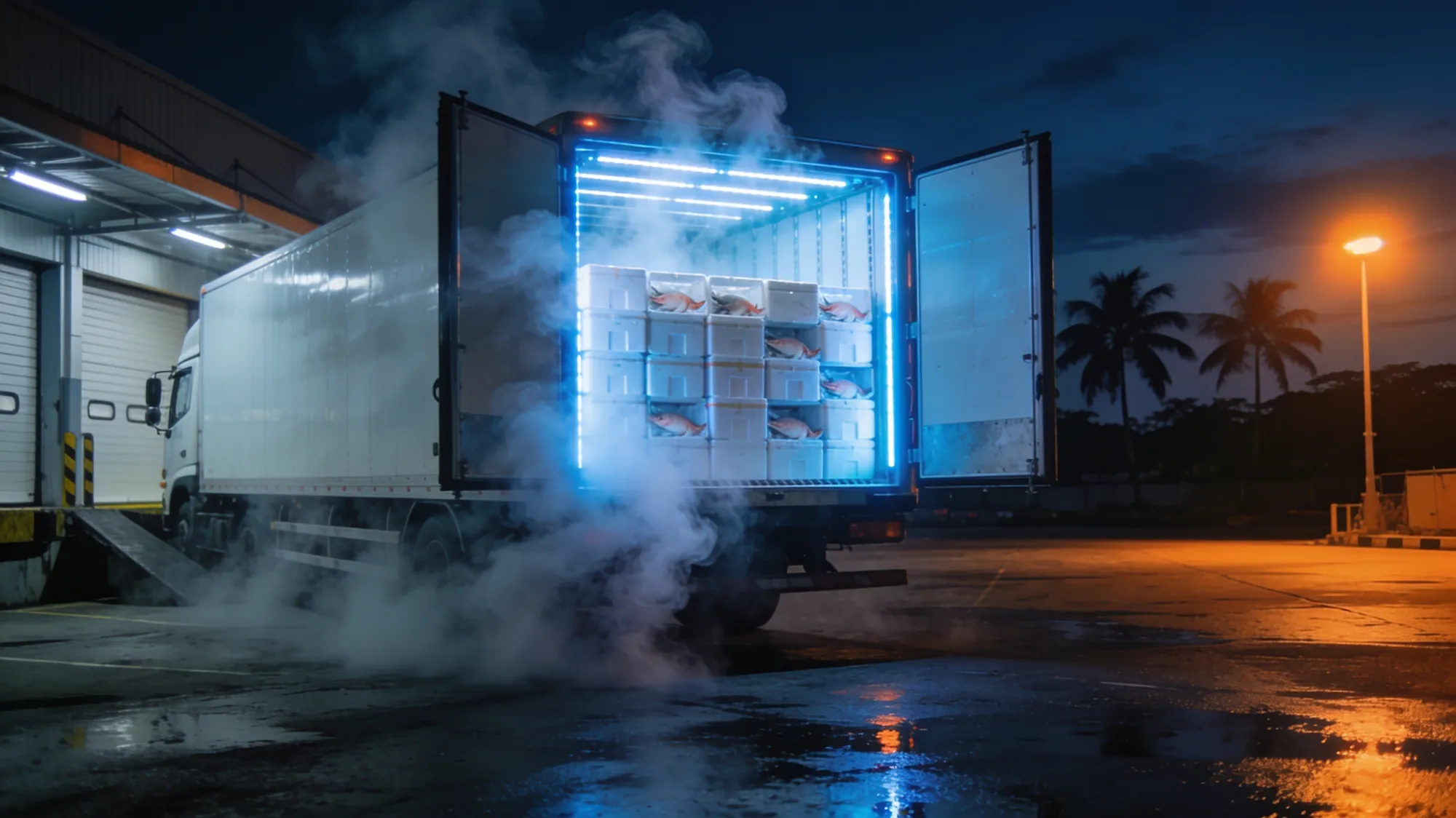 Refrigerated truck loading insulated seafood boxes at night