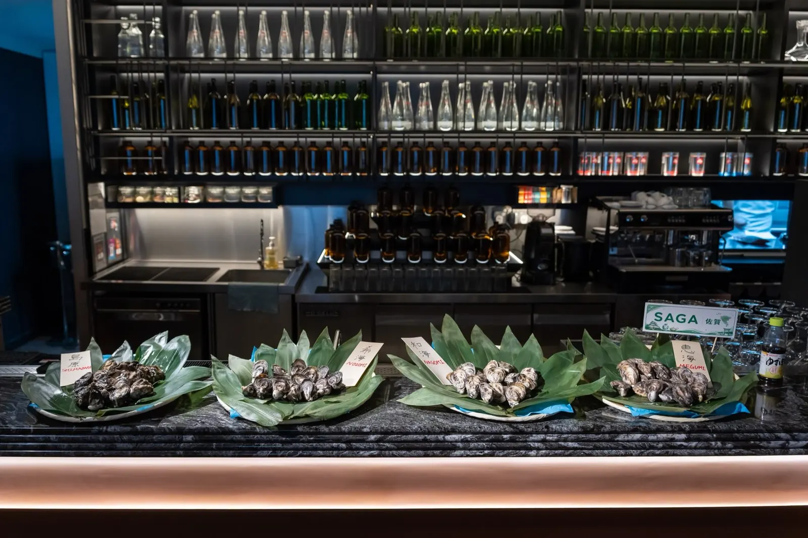 Oysters on the bar counter at a Sendo Ichi tasting